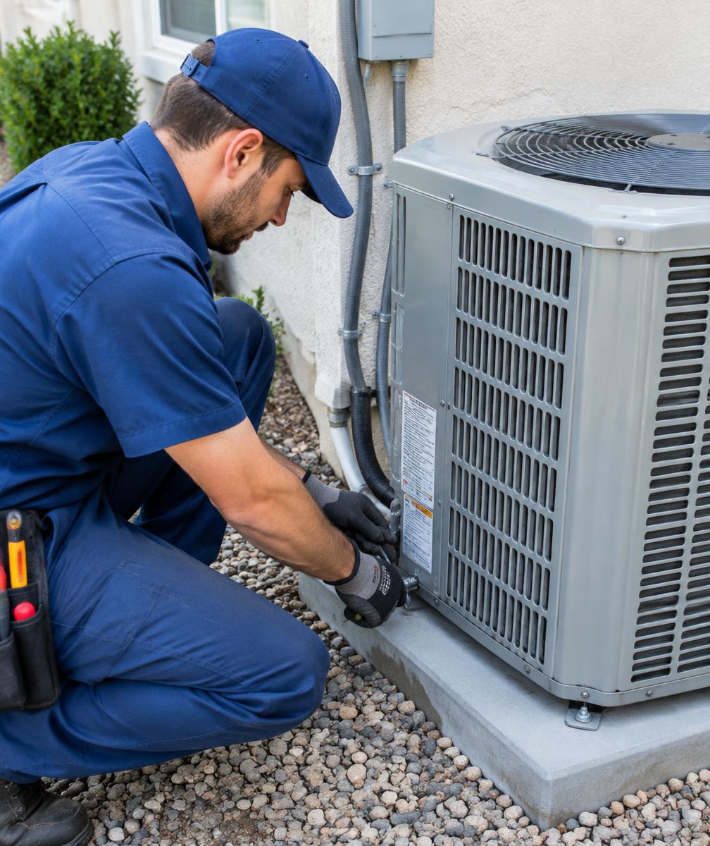 Technicien Climat de France énergie installant une unité extérieure